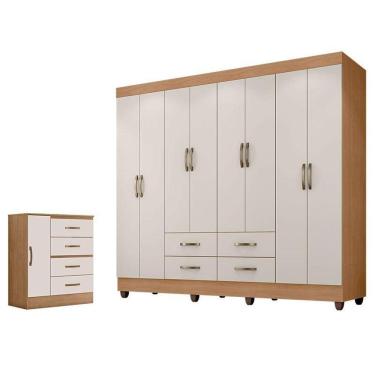 Imagem de Guarda Roupa Casal Porto Com Cômoda Lite 4 Gavetas 1 Porta Nature Off White – Móveis Leão
