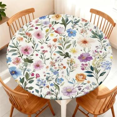 Imagem de Yesad Toalha de mesa redonda com borda elástica para mesa redonda de até 155 a 165 cm, capa de mesa impermeável para acampamento, interior, exterior, férias, verão, flores silvestres