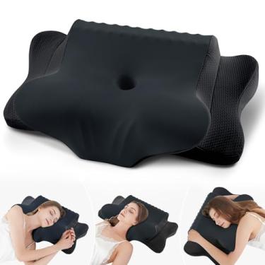Imagem de Travesseiro cervical para alívio da dor no pescoço – Travesseiro ortopédico ergonômico refrescante de pescoço de dois lados com fronha de seda gelada, travesseiro respirável de contorno de espuma