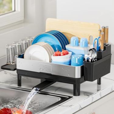 Imagem de Ewaiira Escorredor de louça, escorredor de pratos de aço inoxidável para balcão de cozinha, escorredor de pratos com bico de drenagem rotativo de 360°, suporte de utensílios e porta-copos, organizador