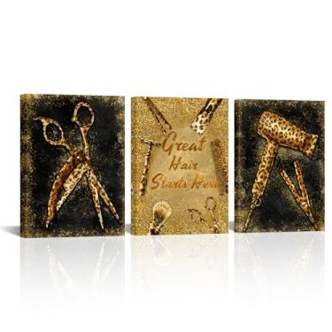 Imagem de Conipit Arte de parede em tela de salão de cabeleireiro fashion leopardo barbeiro conjunto de 3 impressões emolduradas em preto e dourado, 30,5 x 40,6 cm cada (preto dourado)