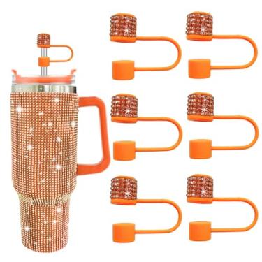 Imagem de JIASHEBDE Conjunto de acessórios para Stanley Cup, 6 peças, capa de canudo de diamante brilhante, tampa de canudos para Stanley 30 e 1,134 g com copos, acessórios de tampa de 1 cm para copo (laranja