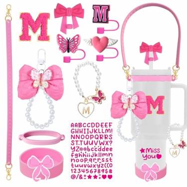 Imagem de Conjunto de 11 peças de acessórios para copo Stanley, incluindo alça de alça, bota de silicone, chaveiro, capas de palha, adesivos de letras para copo de 850 g 1,134 g, presente ideal (M, rosa)