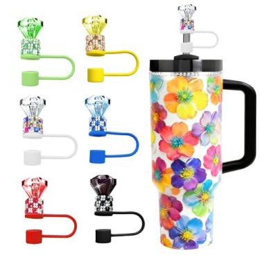 Imagem de JIASHEBDE Conjunto de topo de palha de diamante para Stanley Cup 850 g 1,134 g, tampas de strass brilhantes, capas de silicone reutilizáveis à prova de poeira para presentes femininos (6 peças Cor B)