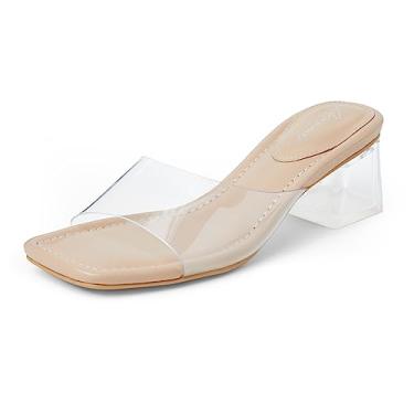 Imagem de Arromic Sandália feminina de salto mula, transparente, preto, nude, branco, salto grosso, 5 cm, bico aberto, sem costas nuas, chinelos elegantes para festas de formatura e casamento, Transparente/Nude