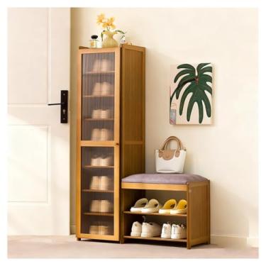 Imagem de SPXMQSS Sapateira de bambu, banco de entrada com almofada macia 2 em 1, banco de sapatos e armário de armazenamento com prateleiras removíveis para entrada, sala de estar, quarto, marrom 85 x 31 x 131
