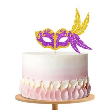 Imagem de Máscara de baile de máscaras, topo de bolo com máscara dourada roxa, decoração de bolo de festa de jazz retrô com glitter para mulheres e homens, decoração de festa de aniversário temática dos anos 20
