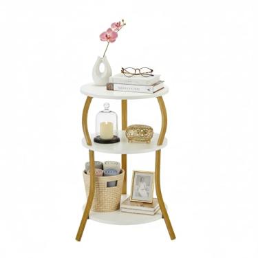 Imagem de Mesa lateral redonda pequena vintage, mesa circular de cintura fina de 3 camadas com prateleira de armazenamento, mesa compacta para sofá de chá, mesa de centro de canto redondo, mesa de cabeceira