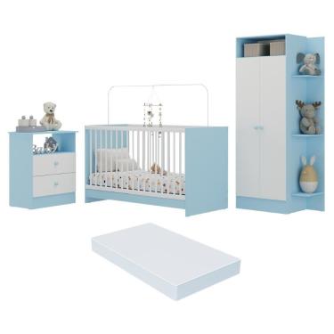 Imagem de Jogo De Quarto Infantil Com Colchão Incluso Trevalla Móveis Pom Pom - Azul-branco Azul-branco