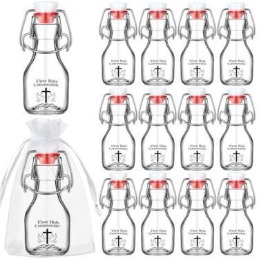 Imagem de Qinyoung 12 conjuntos de garrafas de vidro transparente com cruz católica, lembrancinhas de batismo de vidro para convidados, recipiente de água cristão com sacos de organza para presentes de comunhão