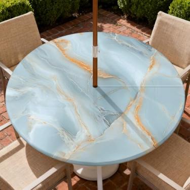 Imagem de Yesad Toalha de mesa redonda para uso ao ar livre com orifício para guarda-chuva, toalha de mesa com zíper e borda elástica, capa de toalha de mesa à prova d'água para piqueniques, serve para mesa