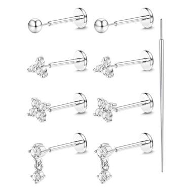 Imagem de Niaspi Brincos de aço inoxidável 20G com costas planas, 4 pares, flor de zircônia cúbica, brincos de cartilagem, anéis labiais, hélice, tragus, piercing de concha, joias femininas, 20g, Aço inoxidável