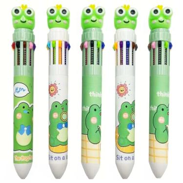 Imagem de YHSMFCL Caneta esferográfica multicolorida Cute Frog, 5 peças de canetas coloridas 10 em 1 de 0,7 mm, material escolar de escritório de animais de desenho animado, artigos de papelaria Kawaii