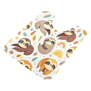 Imagem de Burbuja Tapete de banheiro arco-íris preguiça, tapete de banho absorvente de pelúcia macio, base de vaso sanitário antiderrapante para piso de banheiro, oval em forma de U