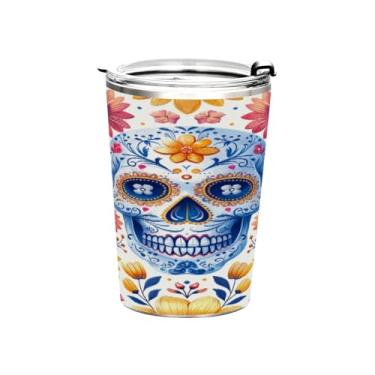 Imagem de STAYTOP Lindo copo de aço inoxidável de caveira de flor de 368 g, copo de café isolado com tampa e canudo, caneca de café de viagem de parede dupla para bebidas quentes e frias