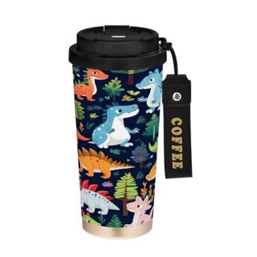 Imagem de YETTASBIN Caneca de café de viagem com isolamento térmico de dinossauro de 500 ml com canudo, copo à prova de vazamento e vazamento com alça para bebida quente e fria, garrafa de água de aço