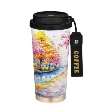 Imagem de YETTASBIN Caneca de café de viagem com isolamento térmico de 482 g com tampa canudo, copo à prova de derramamento e vazamento com alça para bebida quente e fria, garrafa de água de aço inoxidável