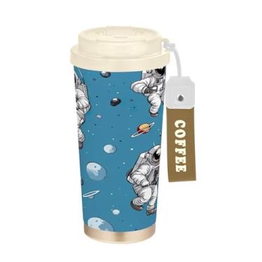 Imagem de YETTASBIN Caneca de café Astronaut com isolamento térmico de 482 g com tampa canudo, copo à prova de derramamento e vazamento com alça para bebida quente e fria, garrafa de água de aço inoxidável