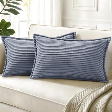 Imagem de decorUhome Capas de almofada de veludo cotelê azul cinza 30,5 x 50,8 cm conjunto de 2 fronhas decorativas macias boho casa de fazenda Euro sofá para sala de estar, cama, sofá, listras largas