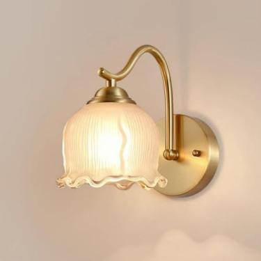 Imagem de Arandela de parede para banheiro com cúpula de vidro em formato de flor, luminária de parede em latão antigo, luminária de parede para penteadeira antiga para quarto, sala de estar, corredor