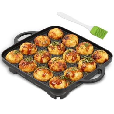 Imagem de Panela Takoyaki de 16 furos, churrasqueira takoyaki antiaderente com escova de óleo, design fundido de uma peça para aquecimento uniforme, fabricante Takoyaki para fogão a gás, Aebleskiver, bolas de
