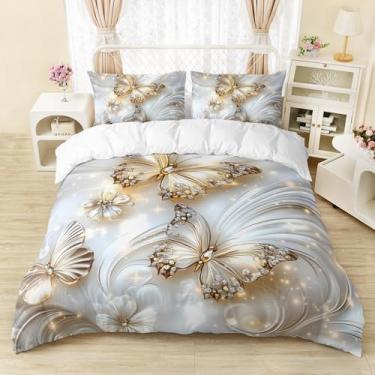 Imagem de AILONEN Conjunto de capa de edredom tamanho solteiro borboleta diamante - capa de colcha de borboleta floral branca 3D + 2 fronhas - 3 peças com tema animal brilhante conjunto de capa de edredom para