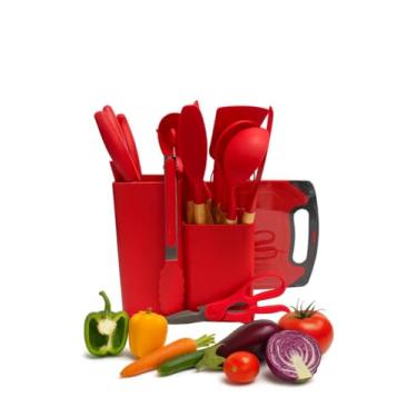 Imagem de Kit Jogo de Utensílios de Cozinha de Silicone 19 Peças com Suporte, Facas de Aço Inox e Tábua de Corte - Antiaderente, Cabo de Madeira, Resistente ao Calor Premium