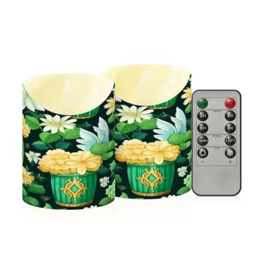Imagem de Wassud Pacote com 2 velas verdes sem chama com controle remoto, velas realistas cintilantes com temporizador, velas decorativas para Natal, casamento, festa, decoração de casa pequena