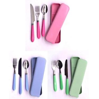 Imagem de Kit Talher Inox Portátil 3 Peças com Estojo - Garfo Faca Colher Marmita Viagem Bolsa Prático
