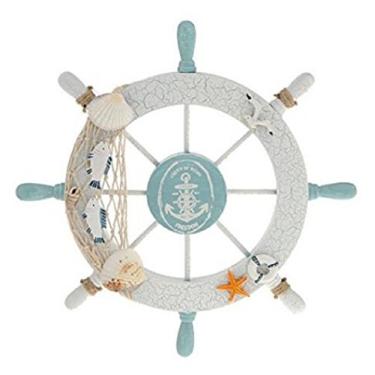 Imagem de WENDIN Decoração de parede náutica roda de navio temática de praia barco de madeira rede de pesca concha casa de praia decoração de parede (azul claro, 28 cm)