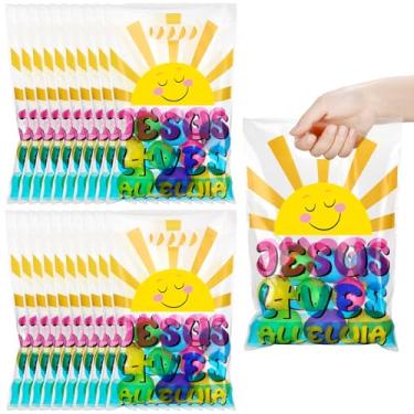 Imagem de Panelee 50 peças de sacos de plástico Jesus Lives com alças para lembrancinhas religiosas de Páscoa para crianças Jesus Lives Alleluia Cruz Cristã Saco de presente para artigos de festa de Páscoa