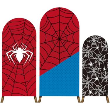 Imagem de Conjunto de 3 Peças Painel Fundo em Arco com Tema Teia de Aranha, 123/151/182 cm Decoração Dupla Face para Festas Temáticas Teia Aranha Aniversários Infantis Baby Showers e Cosplay