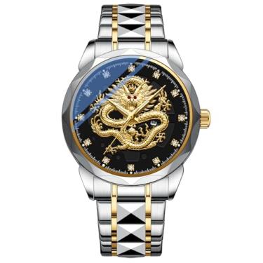 Imagem de FANMIS Relógio masculino de luxo dourado com mostrador de diamante esculpido, quartzo, clássico, luminoso, à prova d'água, pulseira de aço inoxidável, Prateado, preto
