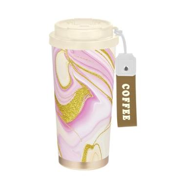 Imagem de Caneca de viagem de café 40 ml com canudo e tampa, copo de parede dupla isolado a vácuo com revestimento cerâmico, rosa suave bege dourado abstrato