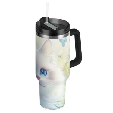 Imagem de Joisal Copos de aço inoxidável com tampa e canudos fofo Ragdoll Gato Flor Caneca de café quente para carros Cores Copo de 1,134 g com alça Garrafa de água isolada