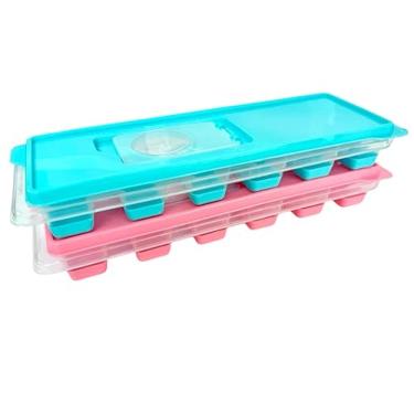 Imagem de Kit Com 02 Forminhas De Gelo Com Tampa Fácil De Encher E Fundo Em Silicone Livre De BPA Ideal Para Papinha De Bebê (Azul e Rosa)