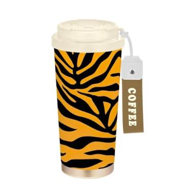 Imagem de TSENQUE Copo de café de viagem 473 ml, copo de café com revestimento cerâmico com canudo e tampa, copo isolado a vácuo de aço inoxidável, listra de tigre preto laranja vibrante