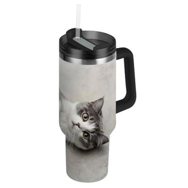 Imagem de Joisal Copos de aço inoxidável com tampa e canudo gato fofo estampa relaxante copo de café rosa copo fofo com alça garrafas de água isoladas de 850 g