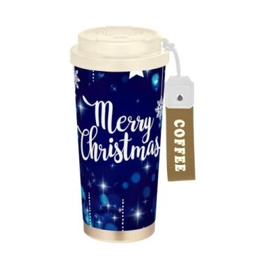 Imagem de TSENQUE Caneca de café de viagem de 473 ml com revestimento cerâmico, copo de café de aço inoxidável com canudo e tampa, copo isolado a vácuo, flocos de neve de Natal, estrelas azuis