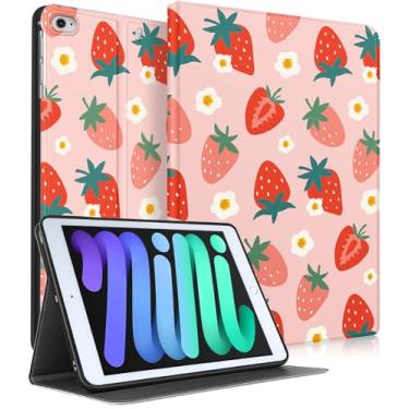 Imagem de Wazzasoft for iPad mini 5th 2019/Mini 4th 2016 Case - Women Girls Cute Smart Folio Cover (Auto Wake/Sleep) with Build-in Pencil Holder for Apple Tablet Soft TPU Protective Cover,Strawberries