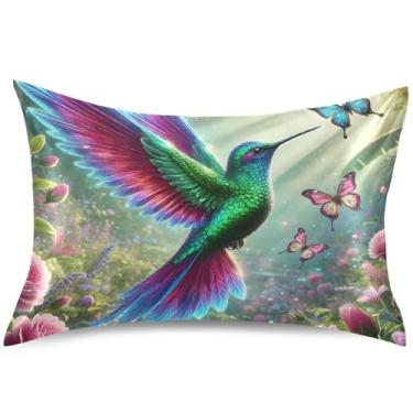 Imagem de Capas de almofada de cetim floral de beija-flor primavera design padrão Queen King capas de travesseiro refrescantes decoração de quarto estética, tamanho king, 101,6 cm x 50,8 cm