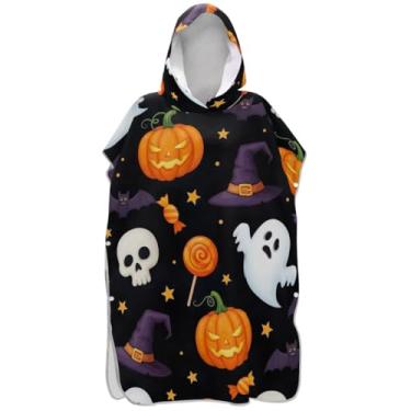 Imagem de Joisal Poncho de surfe trocador de roupão adulto com capuz toalha de praia estampada reutilizável abóbora Halloween preto laranja ponchos adultos para mulheres