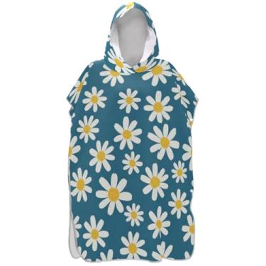 Imagem de Joisal Trocador de poncho de surfe para toalha de natação com capuz Adul Ponchos femininos vestíveis com capuz margaridas brancas azul-petróleo