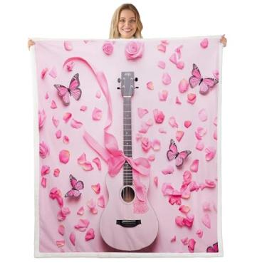 Imagem de Erosebridal Cobertor de lã de guitarra rosa tamanho bebê romântico floral sherpa cobertor para meninas mulheres crianças adultos cobertor borboleta rosa tema música guitarra pelúcia felpudo