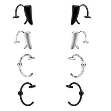Imagem de SZXDG 2 pares de anéis labiais com presas de vampiro e 2 pares de joias de labret sem piercing para homens e mulheres, punho de argola falsa, aço inoxidável prateado e preto, acessório gótico moderno