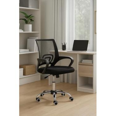 Imagem de Cadeira de Escritório Secretária Giratória com Encosto Arco Confortável em Malha Respirável, Preta, Home Office Diretoria Base Cromada, 5 Rodinhas