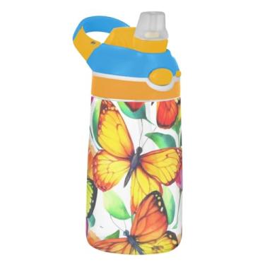 Imagem de Garrafa de água infantil reutilizável de 473 ml Tritan Sports com canudo à prova de vazamento, copo portátil de viagem, alça de transporte, borboletas amarelas em aquarela