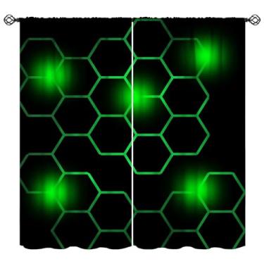 Imagem de Cortinas modernas de favo de mel para crianças, meninos, meninas, decoração de quarto de jogos, hexágono, preto, verde, luzes neon impressas, bolso para haste, cortinas blackout para janela para sala
