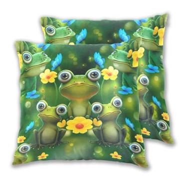 Imagem de Joitme Conjunto de 2 capas de almofadas florais amarelas com sapos verdes fofos, conjunto de 2 fronhas grandes para ambientes externos, decoração divertida para sala de estar, 50 x 50 cm, 2 peças