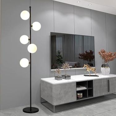 Imagem de Luminária de chão esférica de 170 cm de altura com 5 globos, dimerizável, com cúpula de vidro fosco E27, elegante luminária vertical com base de mármore, perfeita para sala de estar, quarto